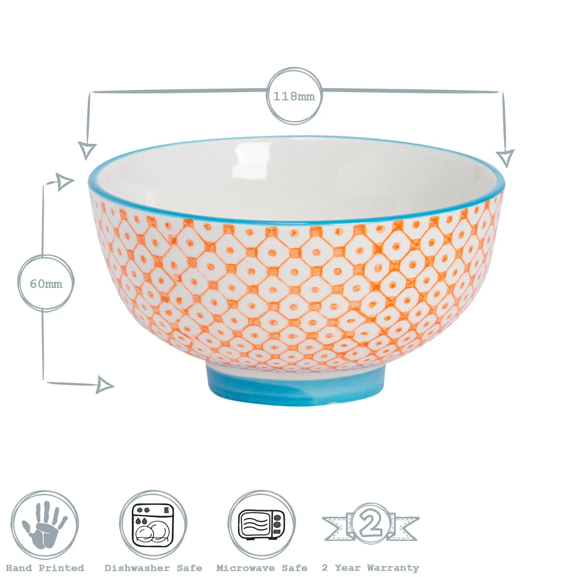 12cm Hand Printed Stoneware Rice Bowl - By Nicola Spring