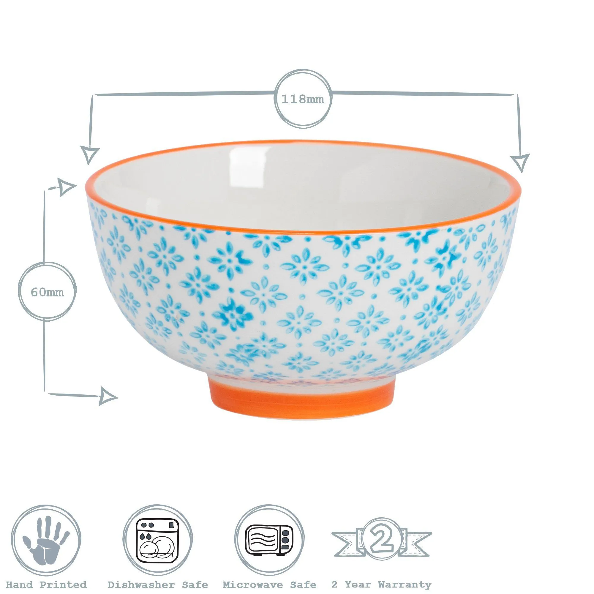 12cm Hand Printed Stoneware Rice Bowl - By Nicola Spring