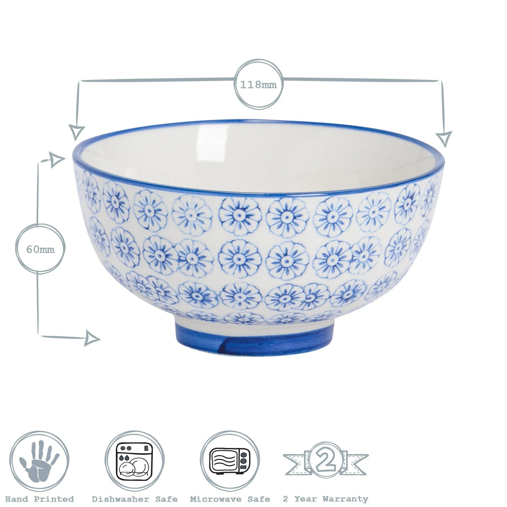 12cm Hand Printed Stoneware Rice Bowl - By Nicola Spring