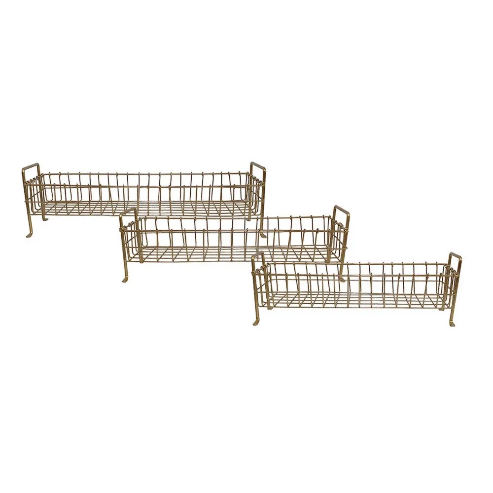 19, 22, 25 Inch Rectangular Trays, Set of 3, Wire Mesh Construction, Gold By Casagear Home