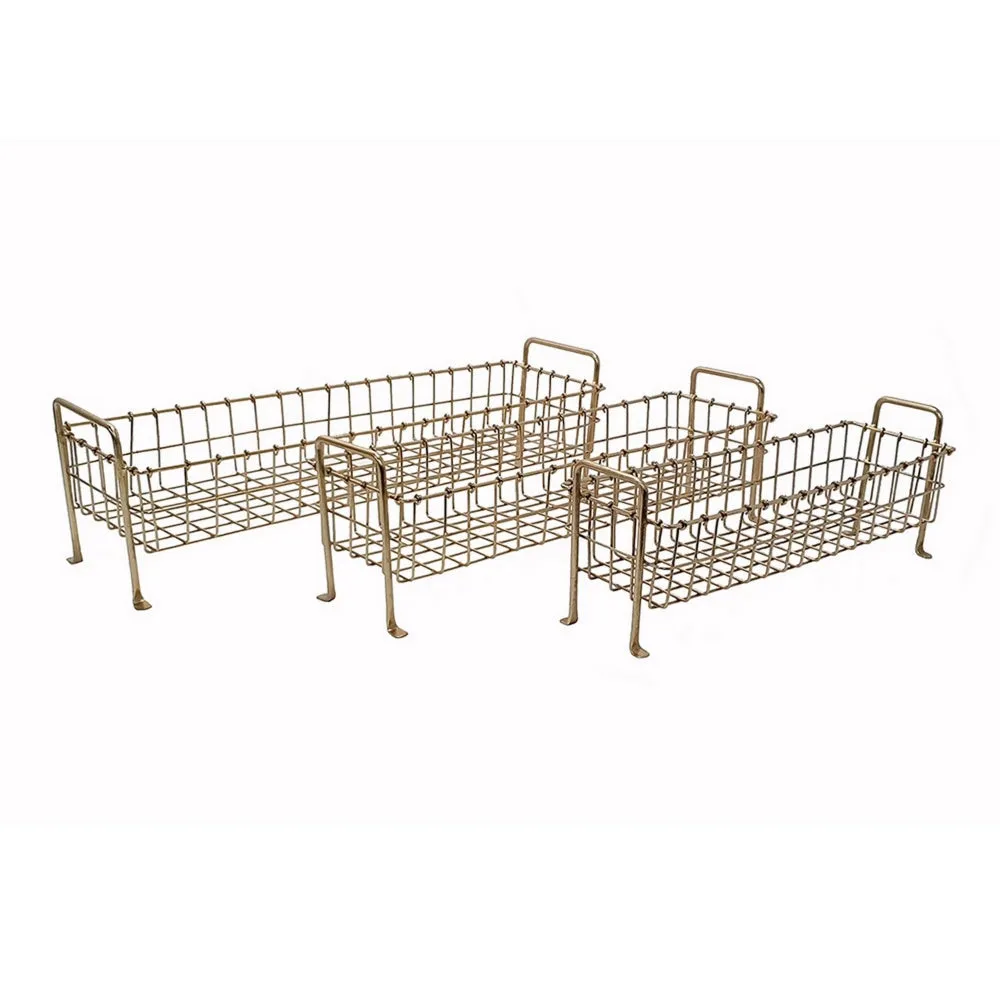 19, 22, 25 Inch Rectangular Trays, Set of 3, Wire Mesh Construction, Gold By Casagear Home