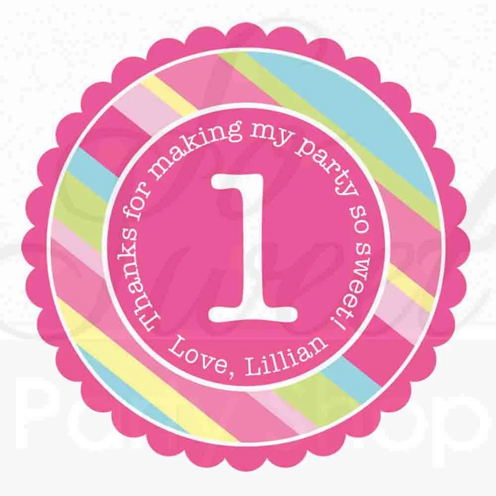 1st Birthday Favor Sticker Labels, Thank You Stickers, Birthday Favors, Girls 1st Birthday, Pink, Blue, Green Stripe - Set of 24