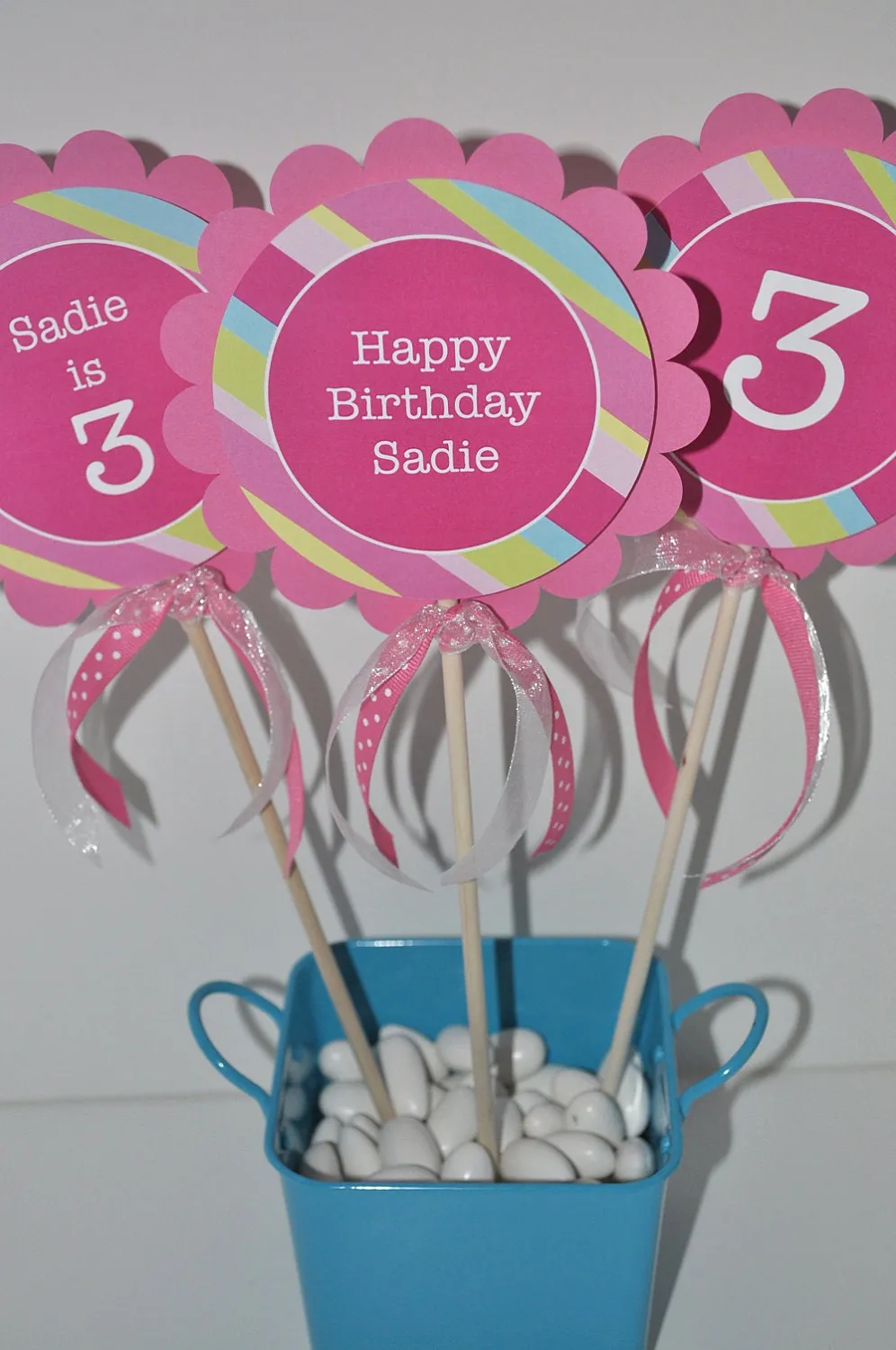 1st Birthday Favor Sticker Labels, Thank You Stickers, Birthday Favors, Girls 1st Birthday, Pink, Blue, Green Stripe - Set of 24