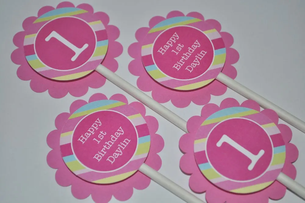 1st Birthday Favor Sticker Labels, Thank You Stickers, Birthday Favors, Girls 1st Birthday, Pink, Blue, Green Stripe - Set of 24