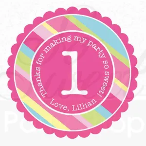1st Birthday Favor Sticker Labels, Thank You Stickers, Birthday Favors, Girls 1st Birthday, Pink, Blue, Green Stripe - Set of 24