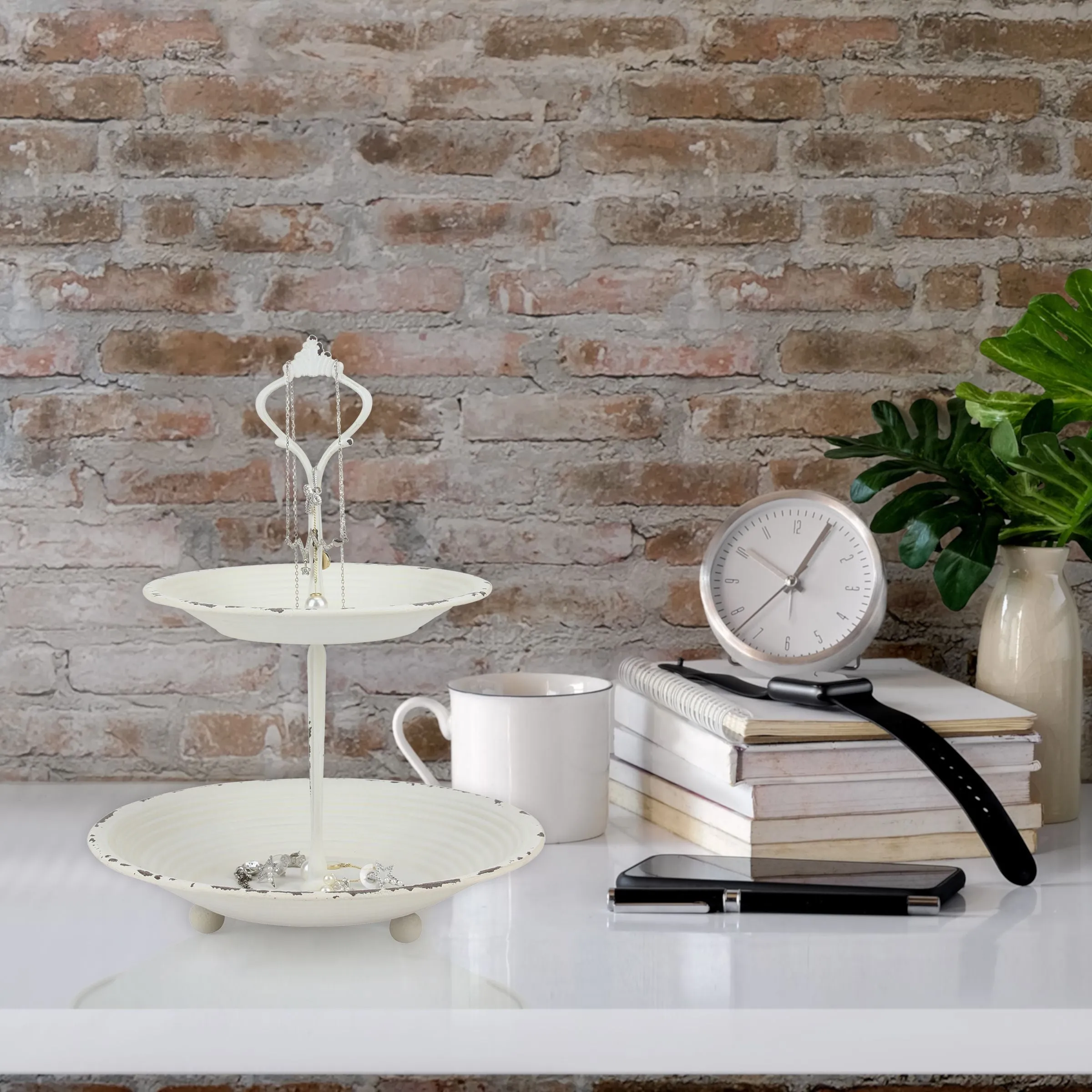 2-Tier Trinket Tray with Attached Handle - Metal - Off-White - 9.8" x 7.6"