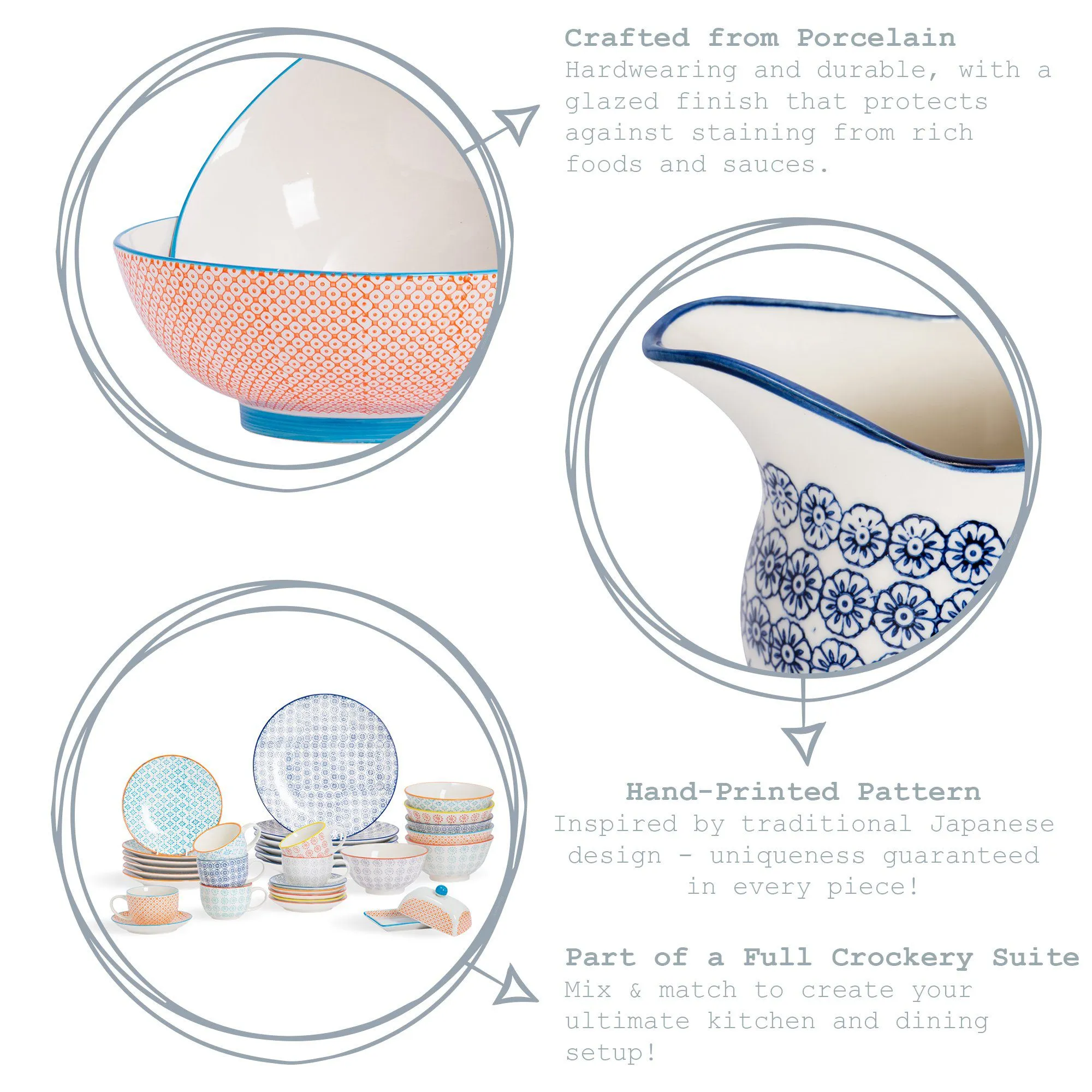 22cm Hand Printed Stoneware Pasta Bowls - Pack of Six - By Nicola Spring