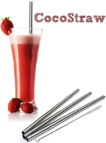 4 Stainless Steel Wide Smoothie Straws   Cleaning Brush   Citrus Peeler - CocoStraw Large Straight Frozen Drink Straw