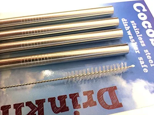 4 Stainless Steel Wide Smoothie Straws   Cleaning Brush   Citrus Peeler - CocoStraw Large Straight Frozen Drink Straw