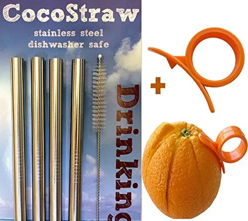 4 Stainless Steel Wide Smoothie Straws   Cleaning Brush   Citrus Peeler - CocoStraw Large Straight Frozen Drink Straw