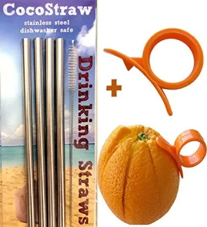 4 Stainless Steel Wide Smoothie Straws   Cleaning Brush   Citrus Peeler - CocoStraw Large Straight Frozen Drink Straw