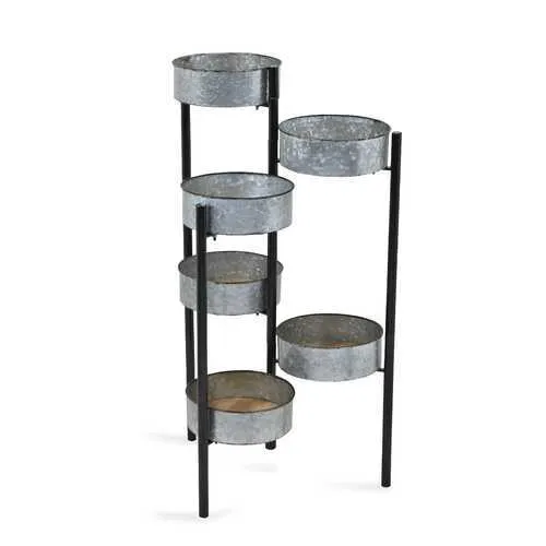 6 Metal Pot s and Wood Base Folding Plant Stand