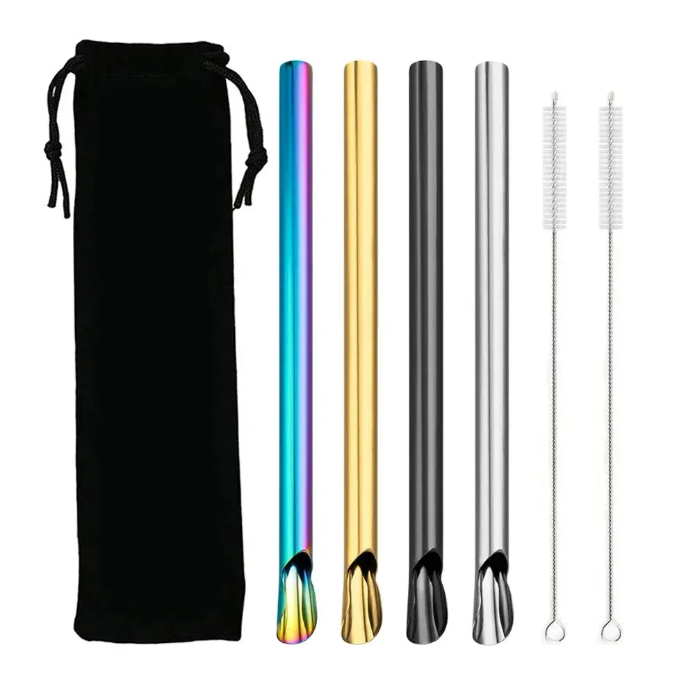 7 Piece Stainless Steel Bubble Tea Straw Set With Brush And Spoon