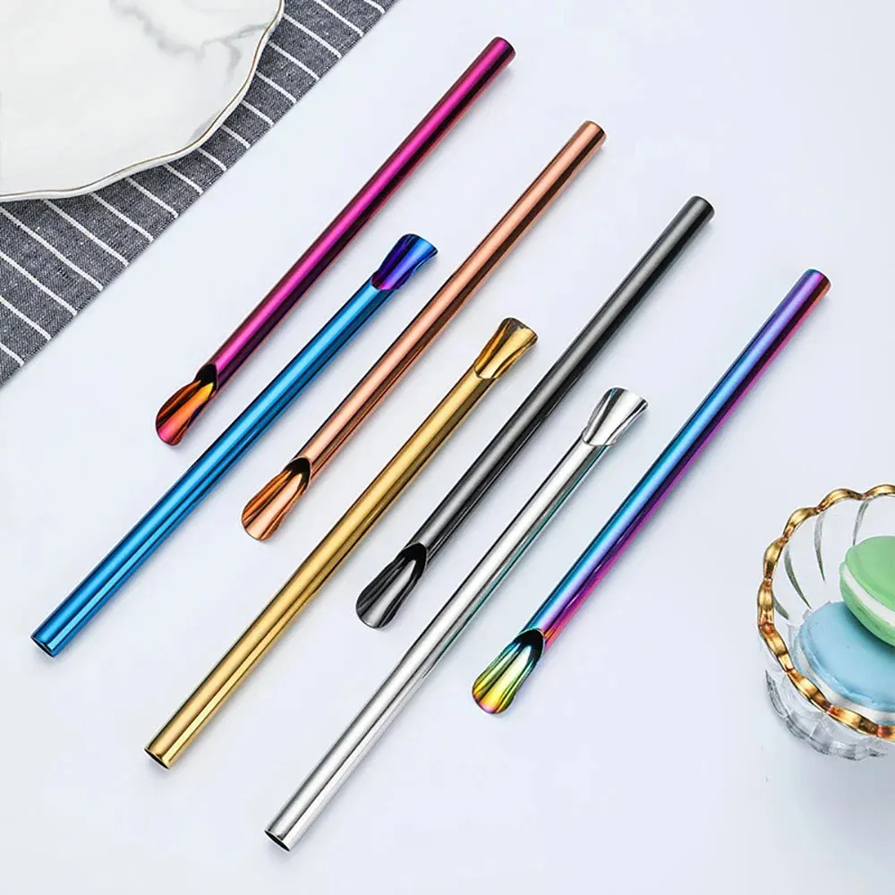 7 Piece Stainless Steel Bubble Tea Straw Set With Brush And Spoon
