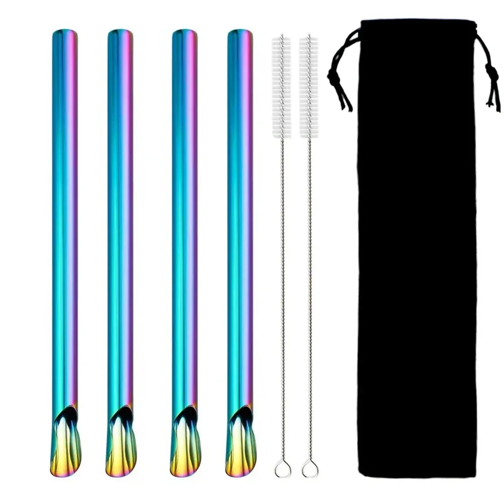 7 Piece Stainless Steel Bubble Tea Straw Set With Brush And Spoon