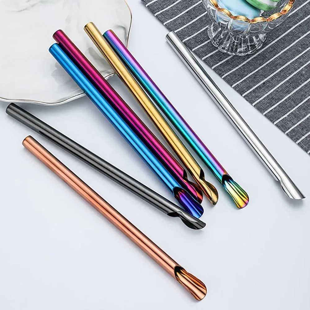 7 Piece Stainless Steel Bubble Tea Straw Set With Brush And Spoon