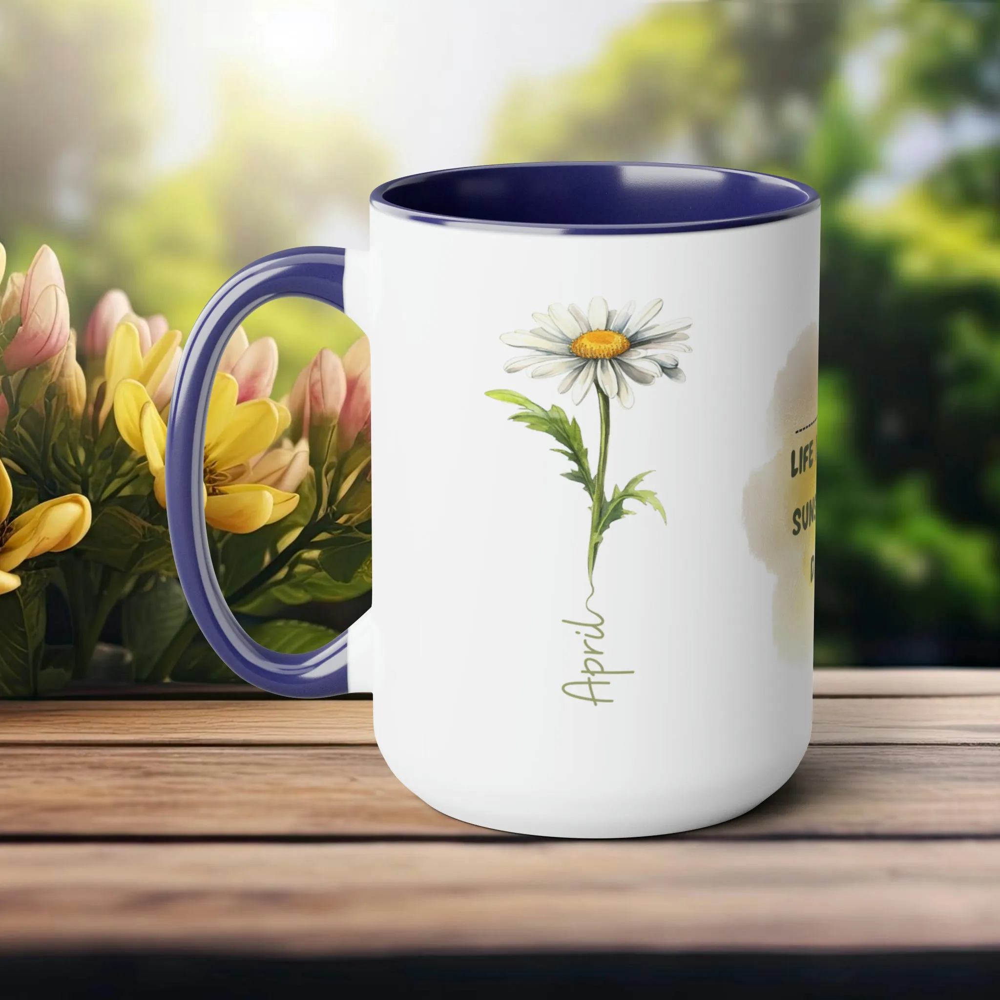 Birth Month Flower Two-Tone Coffee Mugs, 15oz, April Birth Month Flower mug.