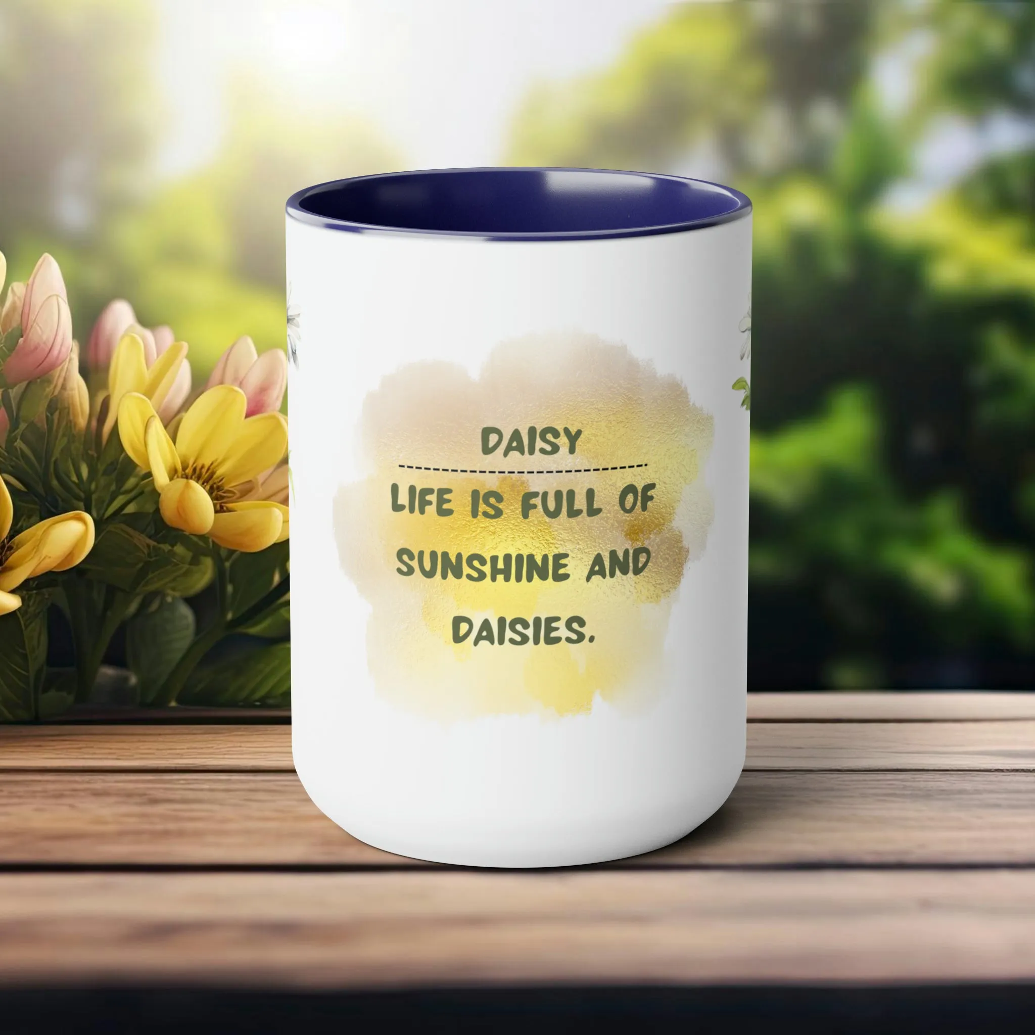 Birth Month Flower Two-Tone Coffee Mugs, 15oz, April Birth Month Flower mug.
