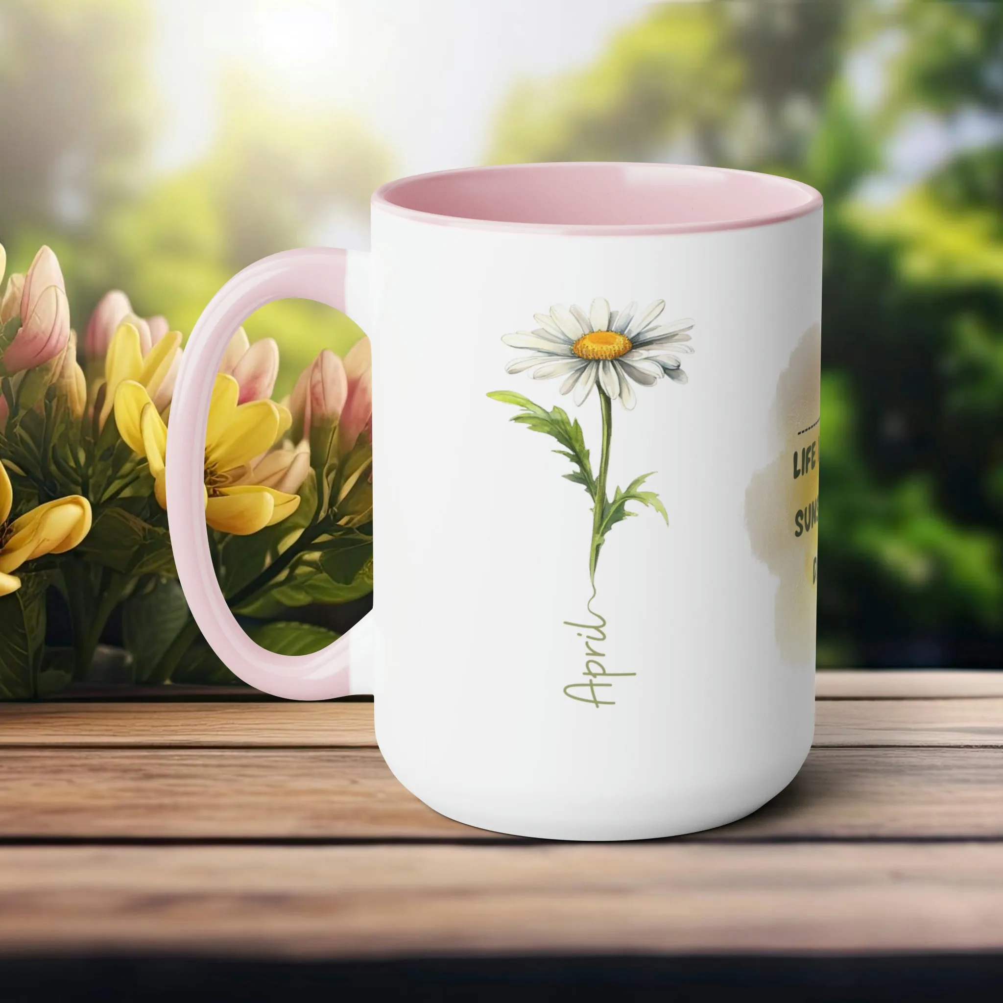 Birth Month Flower Two-Tone Coffee Mugs, 15oz, April Birth Month Flower mug.