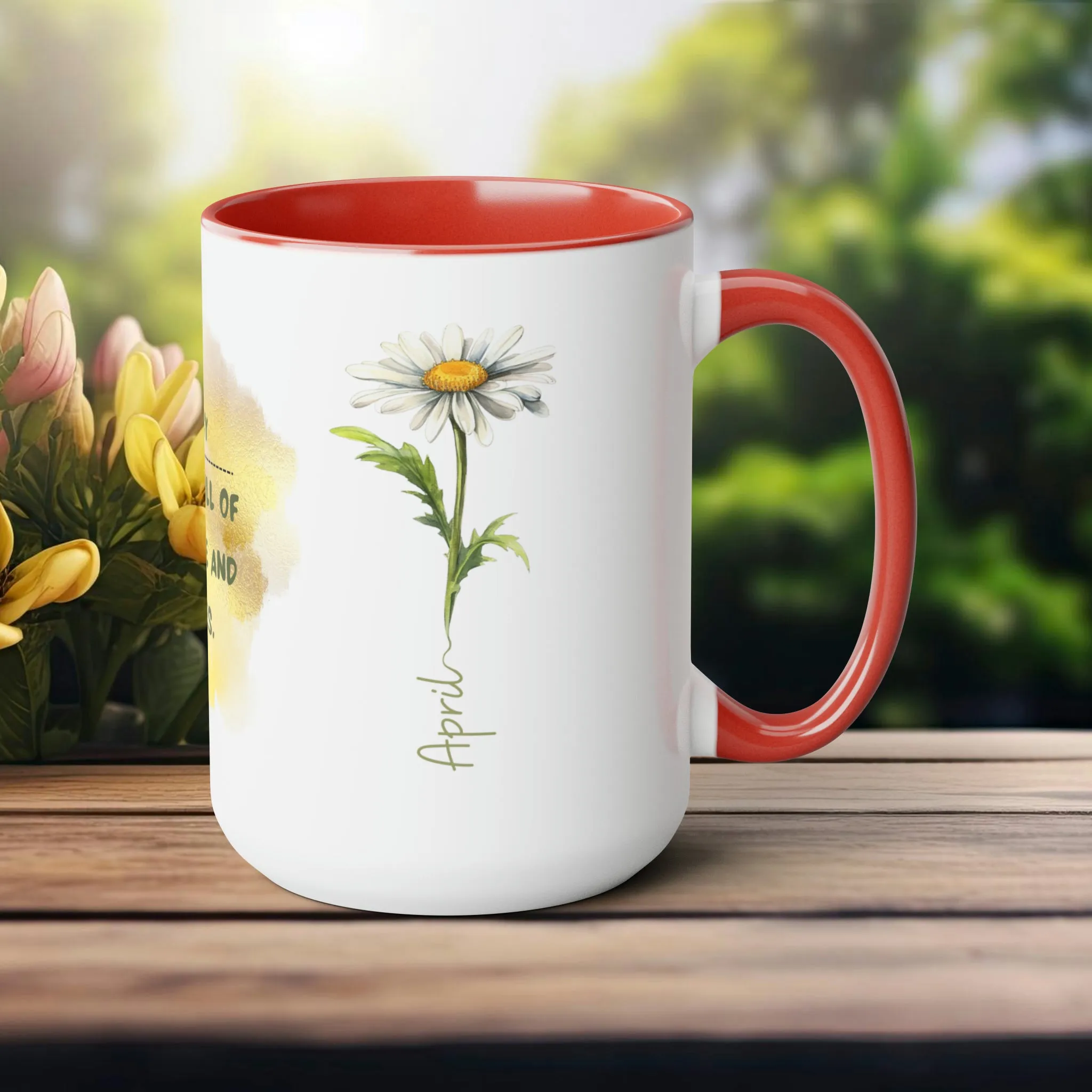 Birth Month Flower Two-Tone Coffee Mugs, 15oz, April Birth Month Flower mug.