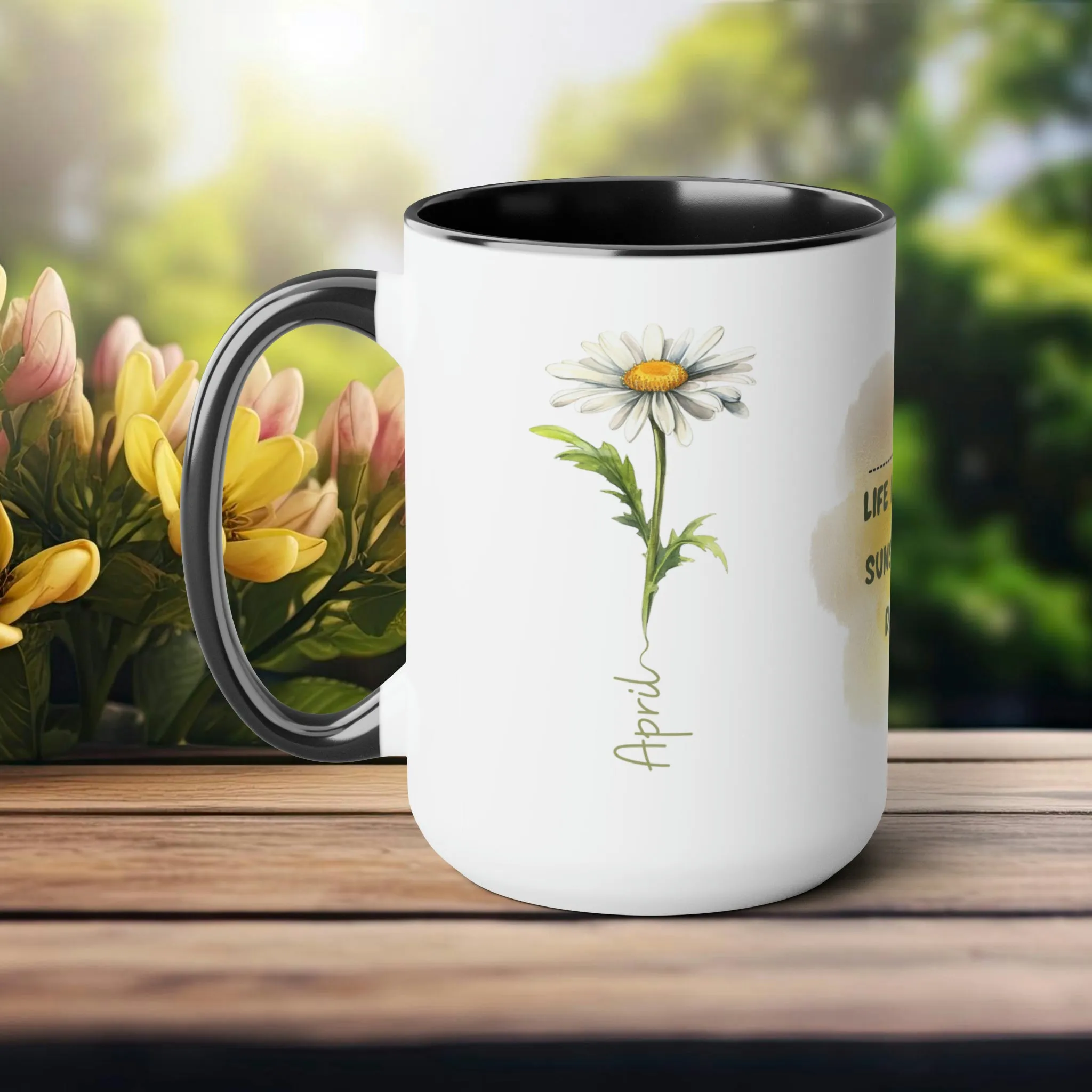 Birth Month Flower Two-Tone Coffee Mugs, 15oz, April Birth Month Flower mug.