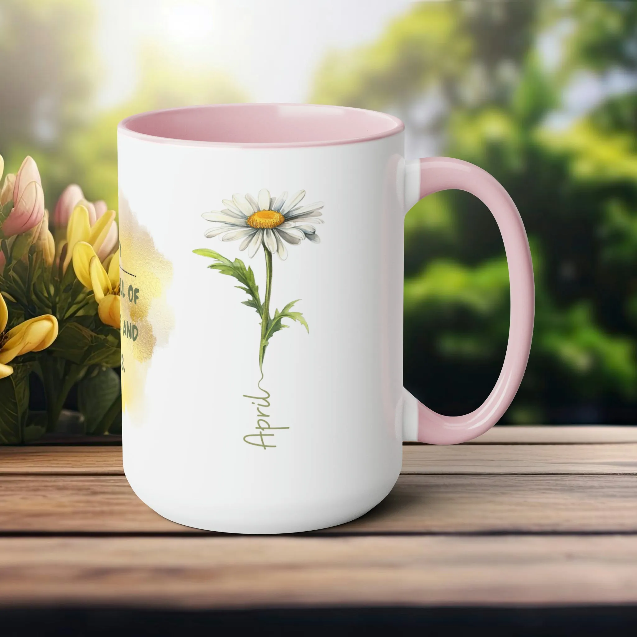 Birth Month Flower Two-Tone Coffee Mugs, 15oz, April Birth Month Flower mug.