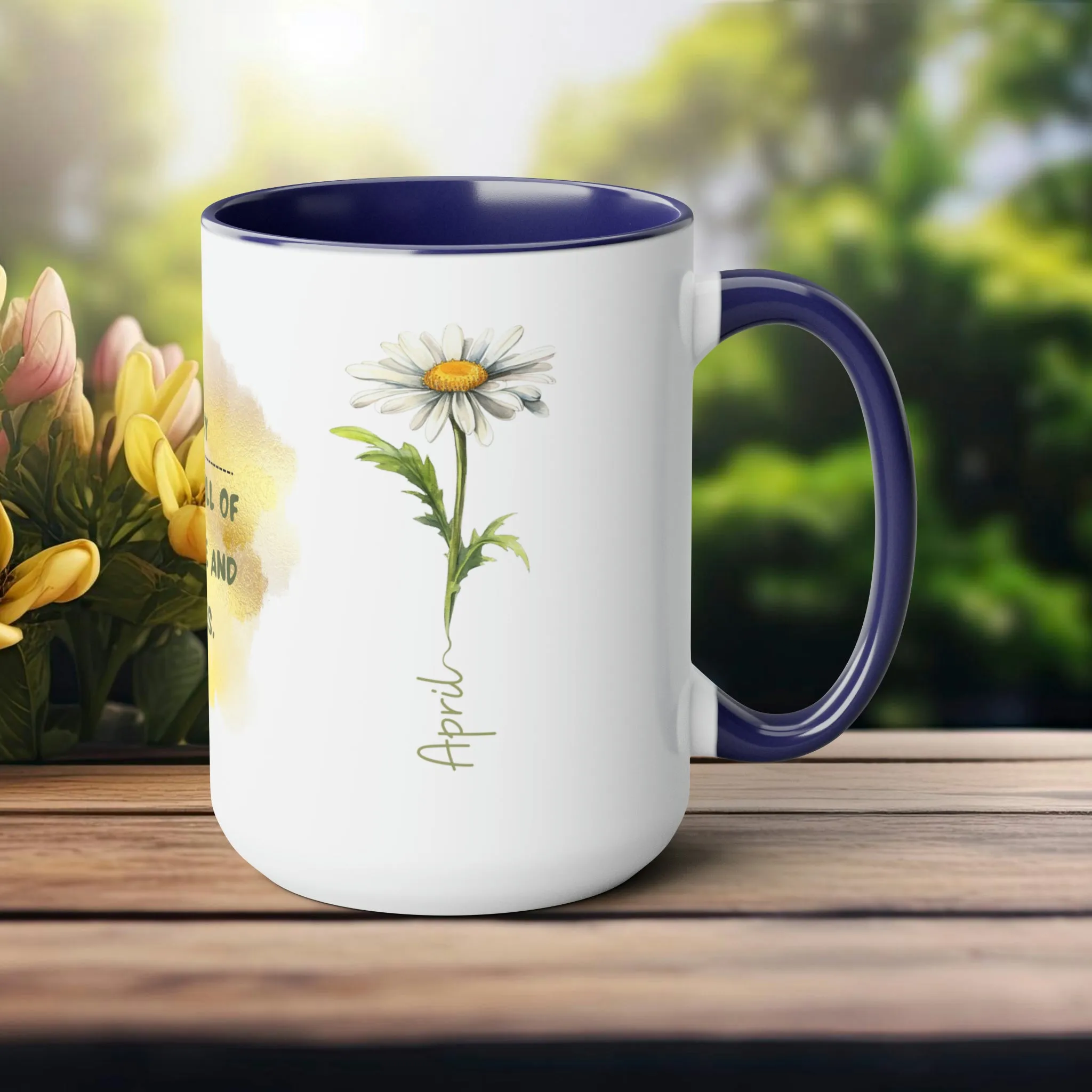 Birth Month Flower Two-Tone Coffee Mugs, 15oz, April Birth Month Flower mug.