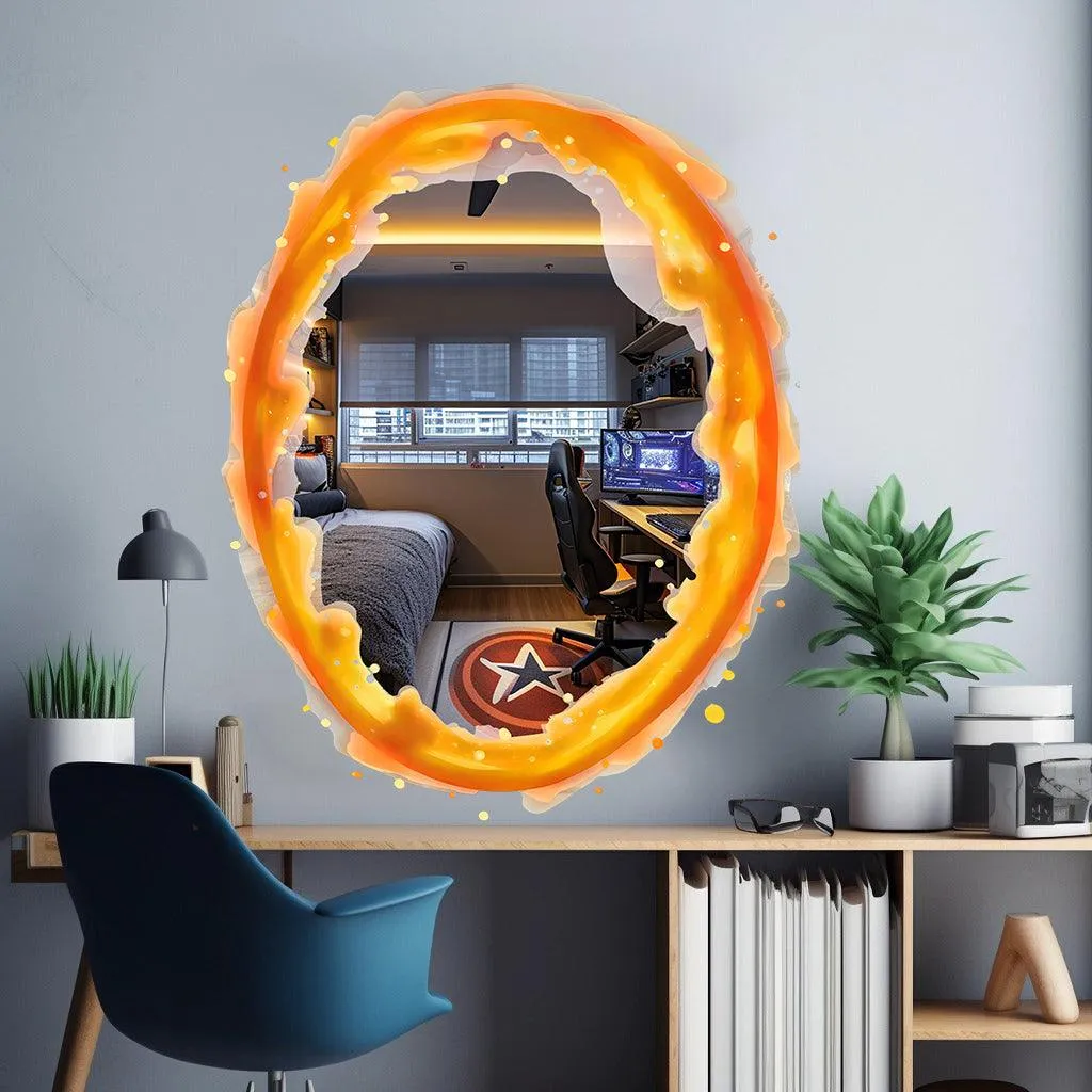 Blue & Orange Portal Aura Wall Stickers with Silver Chrome Mirror Effect - Vibrant Oval Teleport Decals for Gamer and Geek Room Decor