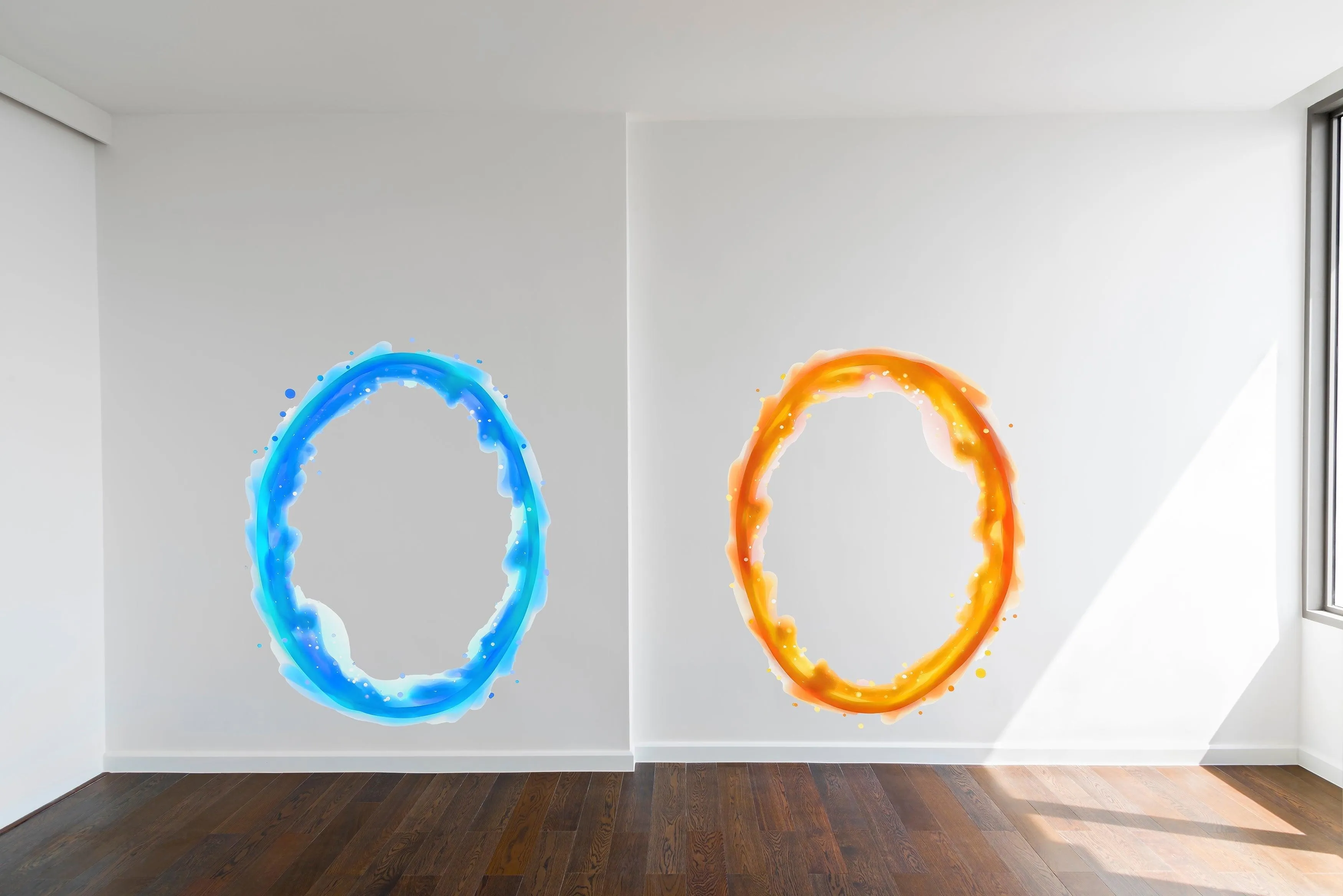 Blue & Orange Portal Aura Wall Stickers with Silver Chrome Mirror Effect - Vibrant Oval Teleport Decals for Gamer and Geek Room Decor