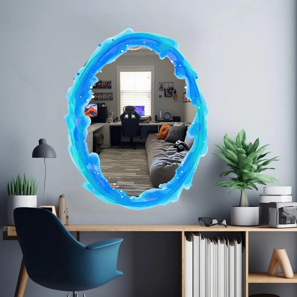 Blue & Orange Portal Aura Wall Stickers with Silver Chrome Mirror Effect - Vibrant Oval Teleport Decals for Gamer and Geek Room Decor