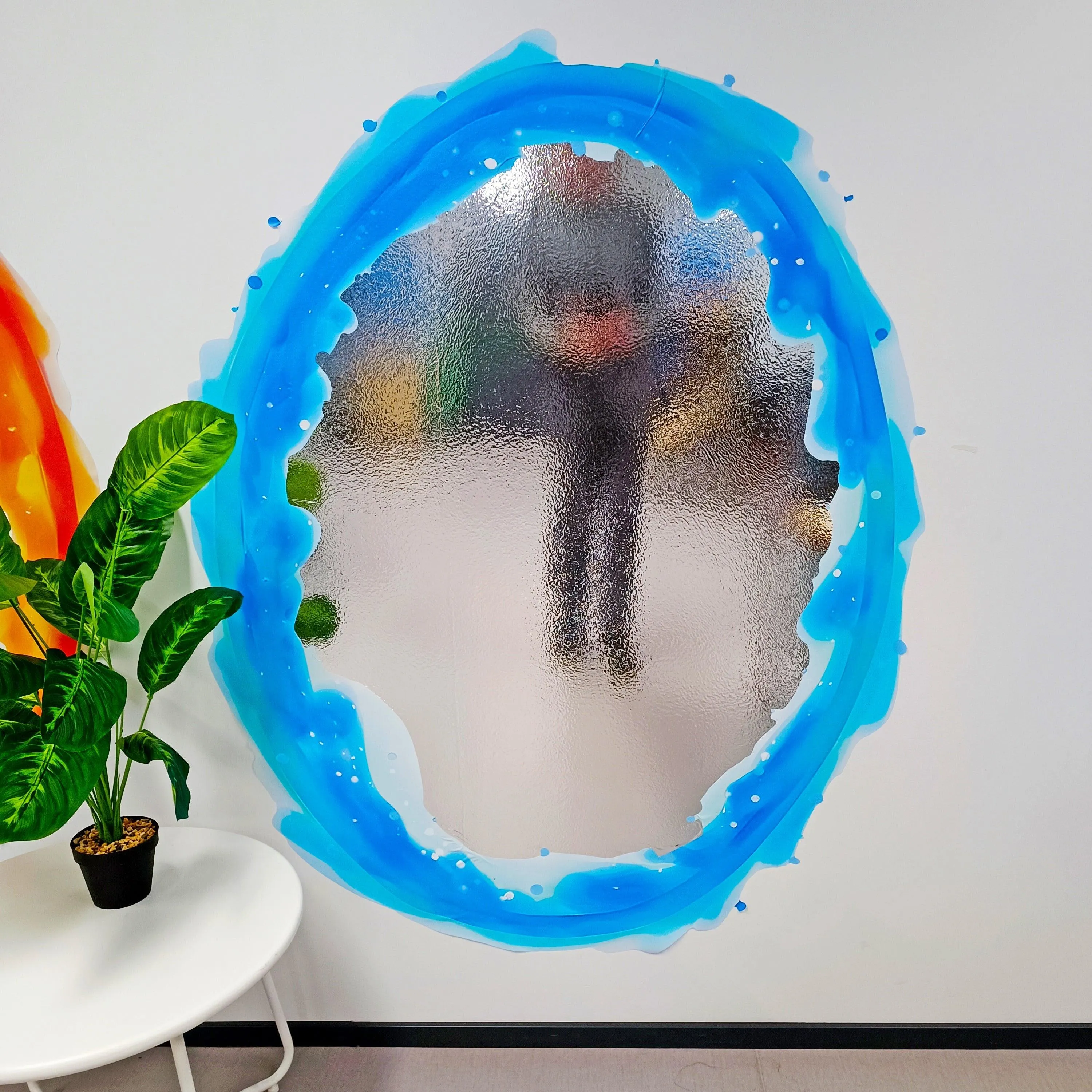 Blue & Orange Portal Aura Wall Stickers with Silver Chrome Mirror Effect - Vibrant Oval Teleport Decals for Gamer and Geek Room Decor