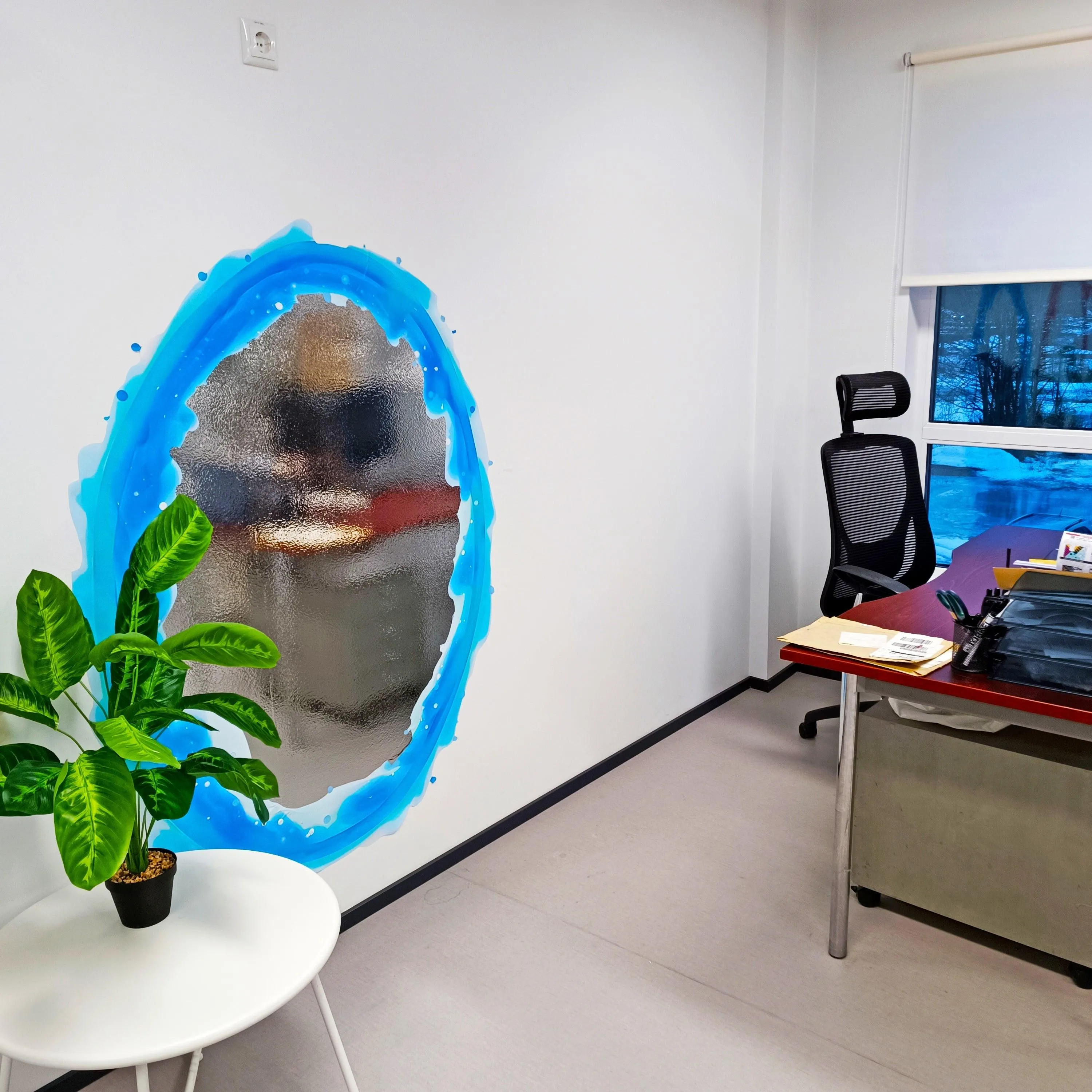 Blue & Orange Portal Aura Wall Stickers with Silver Chrome Mirror Effect - Vibrant Oval Teleport Decals for Gamer and Geek Room Decor