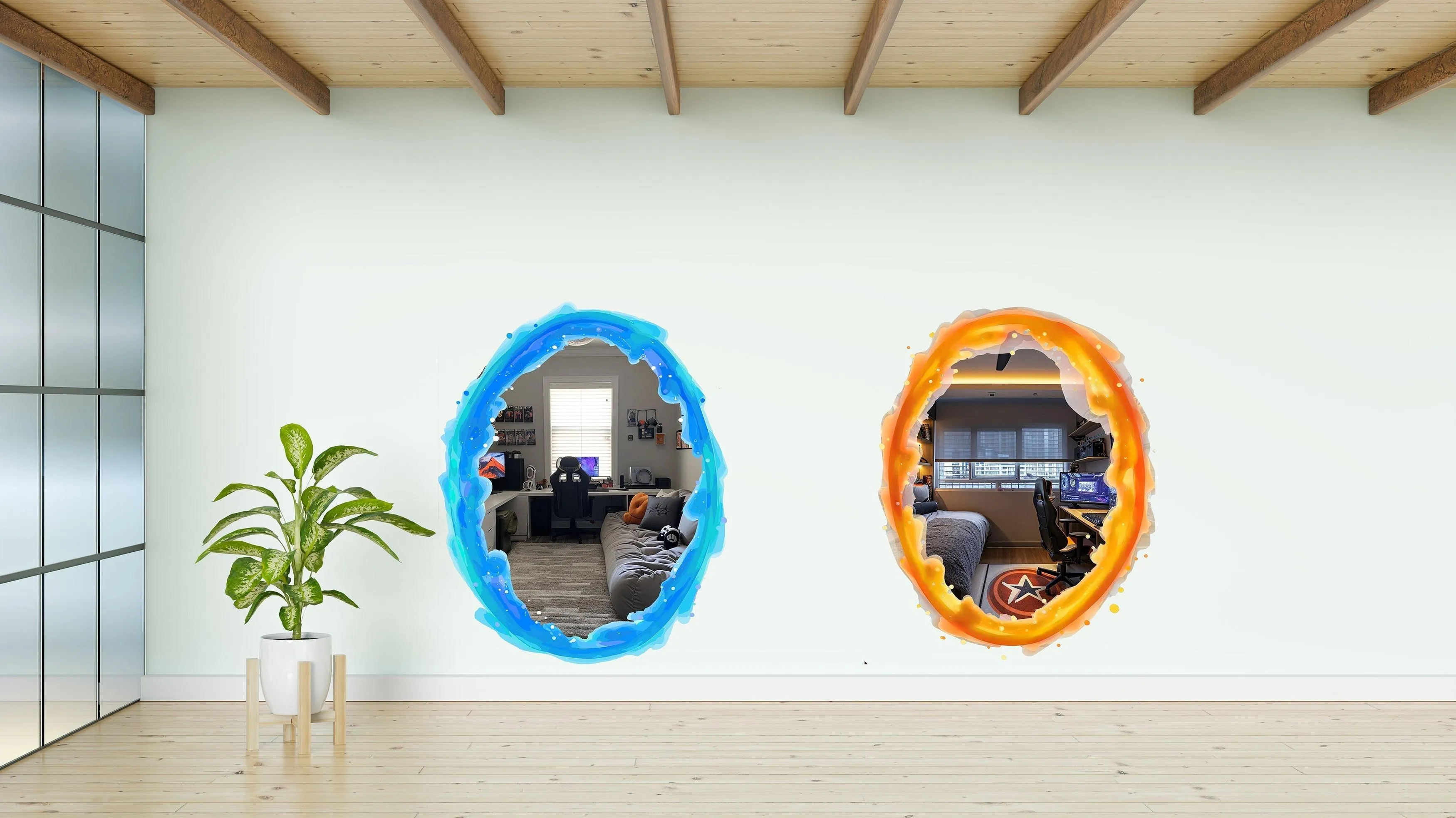 Blue & Orange Portal Aura Wall Stickers with Silver Chrome Mirror Effect - Vibrant Oval Teleport Decals for Gamer and Geek Room Decor