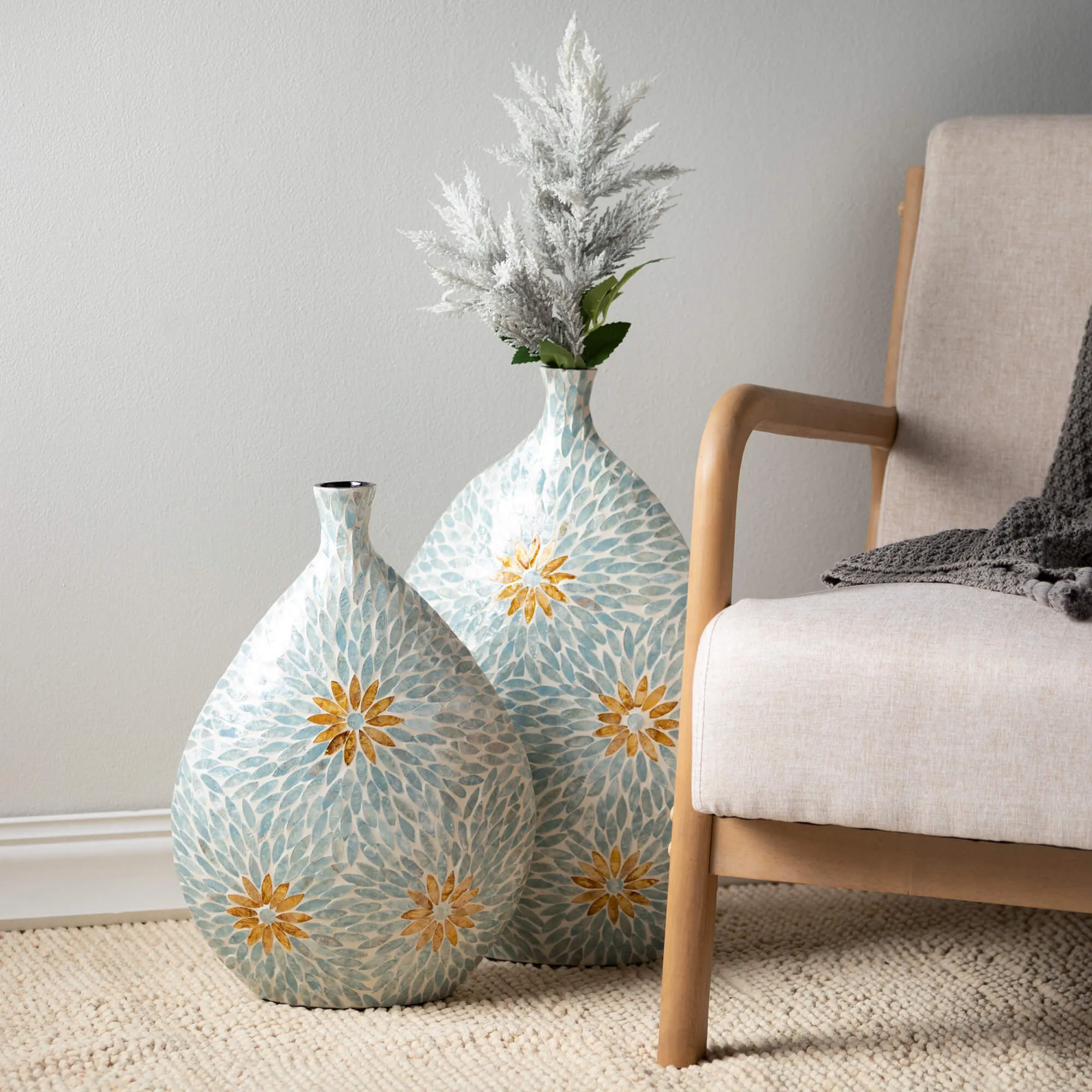Blue Floral Capiz Vase Set 2