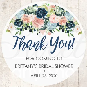 Bridal Shower Sticker Favors Navy Blue Floral Pink Wedding Favor Stickers, Thank You Stickers, Wedding Favor Sticker Labels - Set of 24