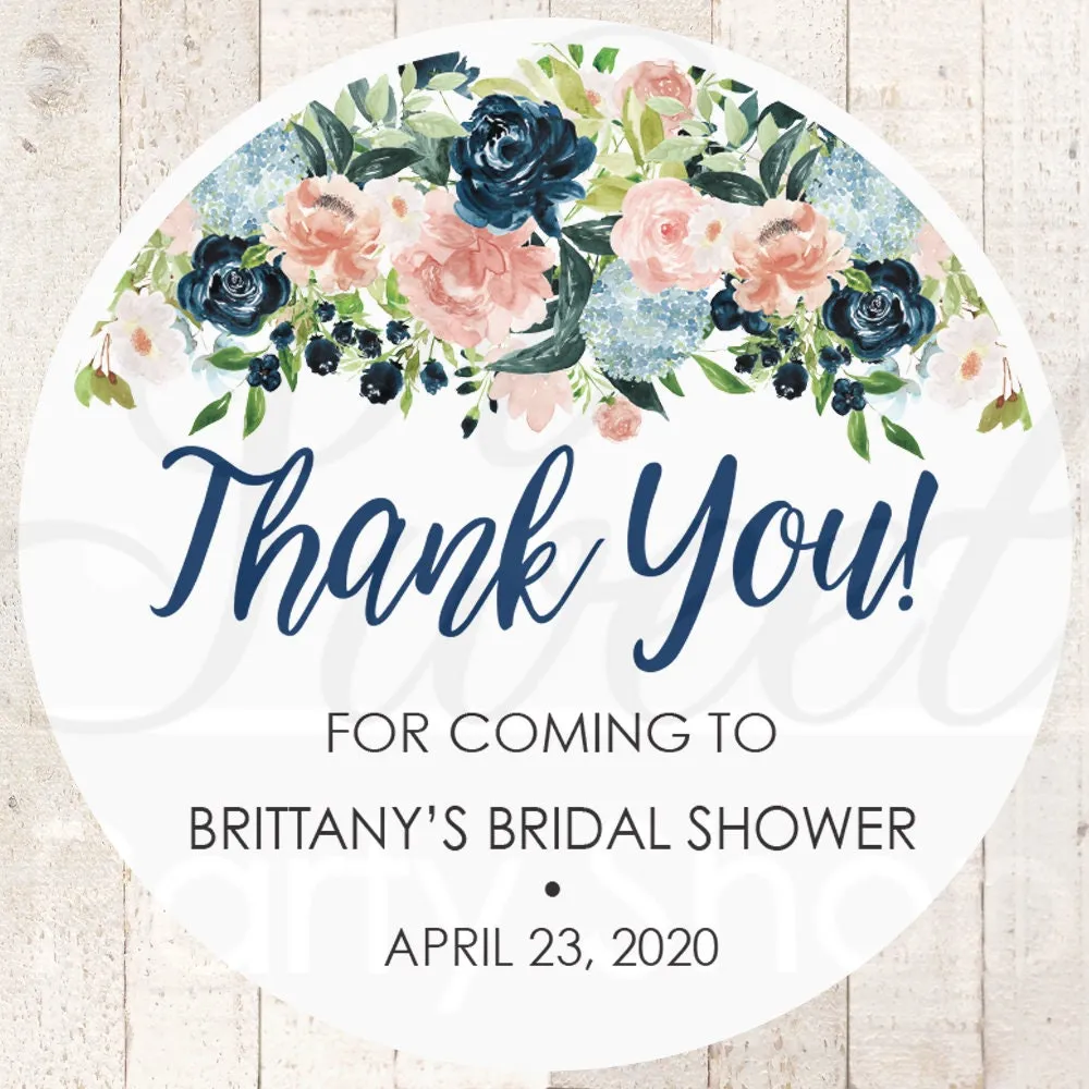 Bridal Shower Sticker Favors Navy Blue Floral Pink Wedding Favor Stickers, Thank You Stickers, Wedding Favor Sticker Labels - Set of 24