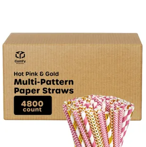[Case of 4800] Hot Pink   Gold Paper Drinking Straws