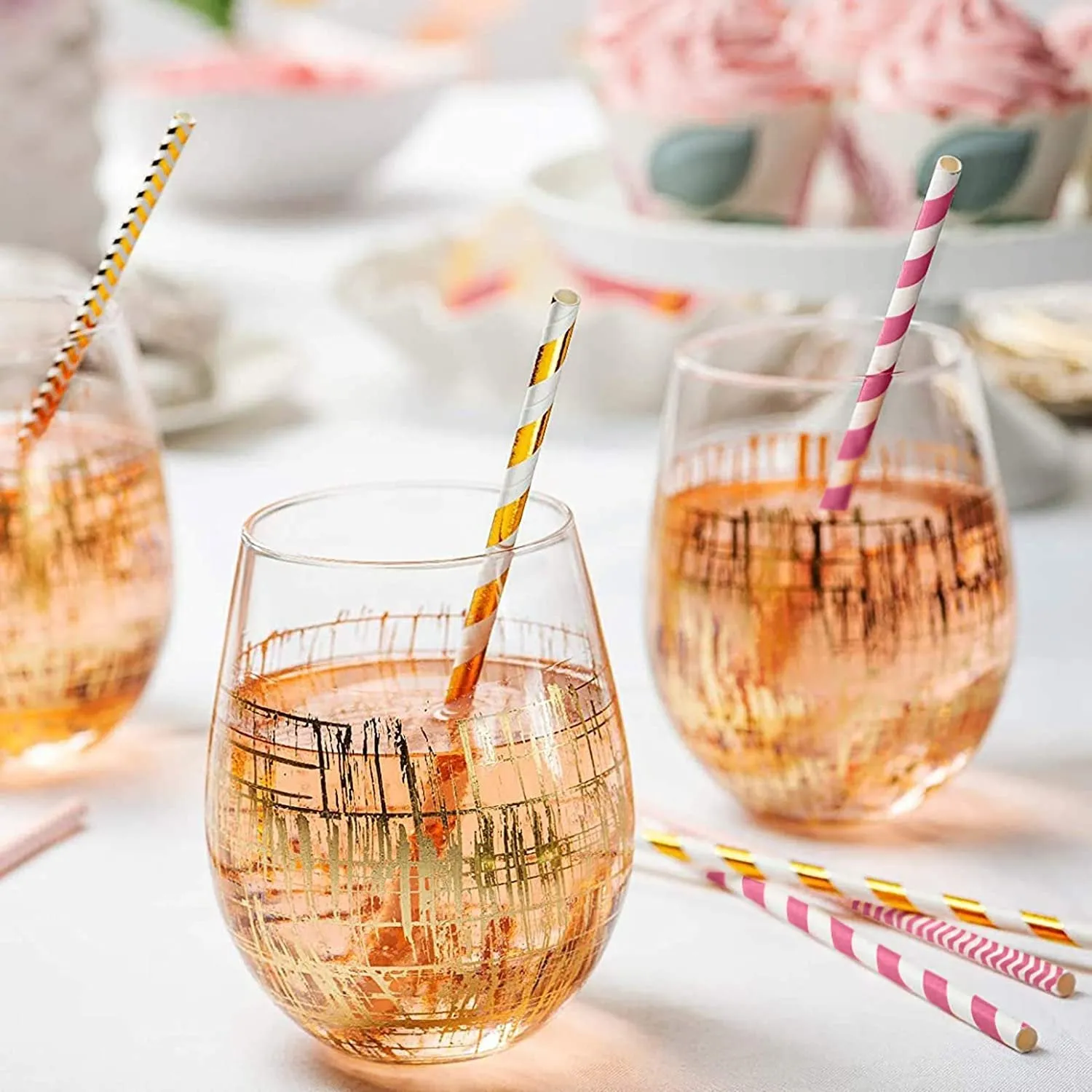 [Case of 4800] Hot Pink   Gold Paper Drinking Straws