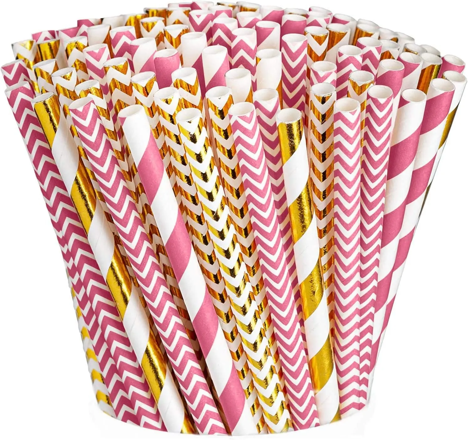 [Case of 4800] Hot Pink   Gold Paper Drinking Straws