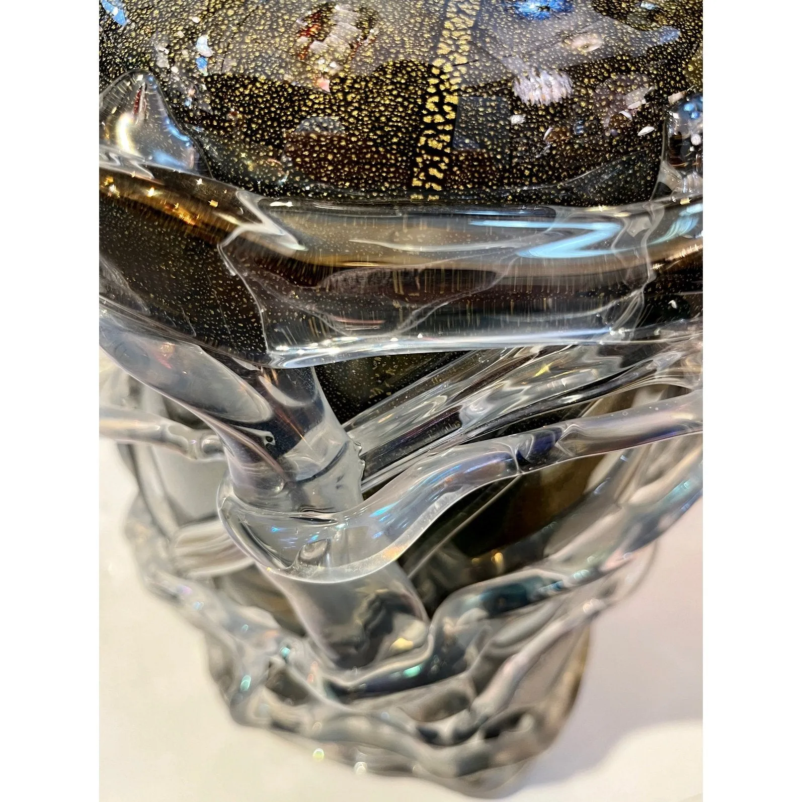 Cenedese Italian Modern Pair of Iridescent Black Gold Crystal Murano Glass Vases