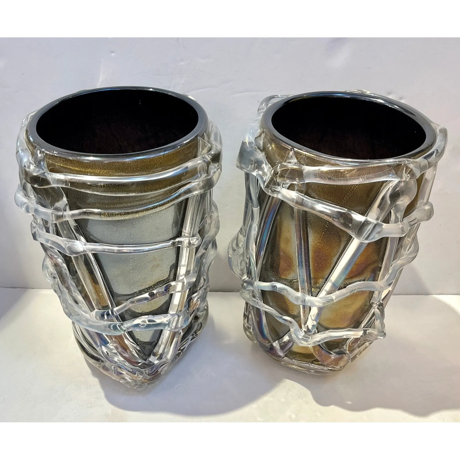 Cenedese Italian Modern Pair of Iridescent Black Gold Crystal Murano Glass Vases