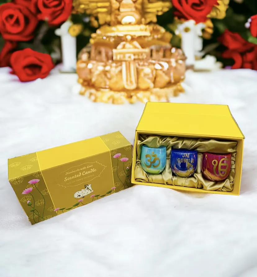 Ck Homez Magnetic Gift Box with U Shape Small Holographic Candles Box Blessing Always Guruji Candles for Gifting (Pack of 3, Blue)