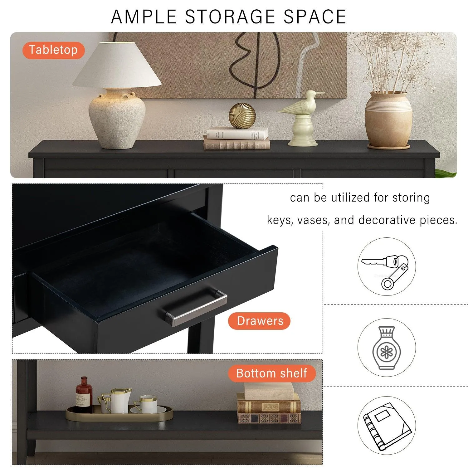 Contemporary Console Table, 3 Drawers, 1 Shelf for Entryway and Hallway