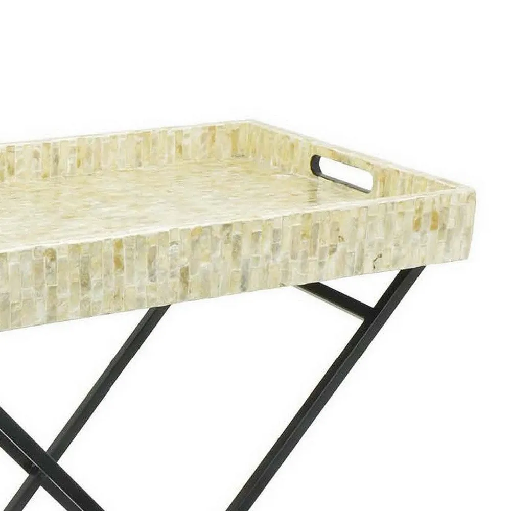 Dain 28 Inch Serving Tray Table, Foldable, Black Metal Stand, White Finish By Casagear Home