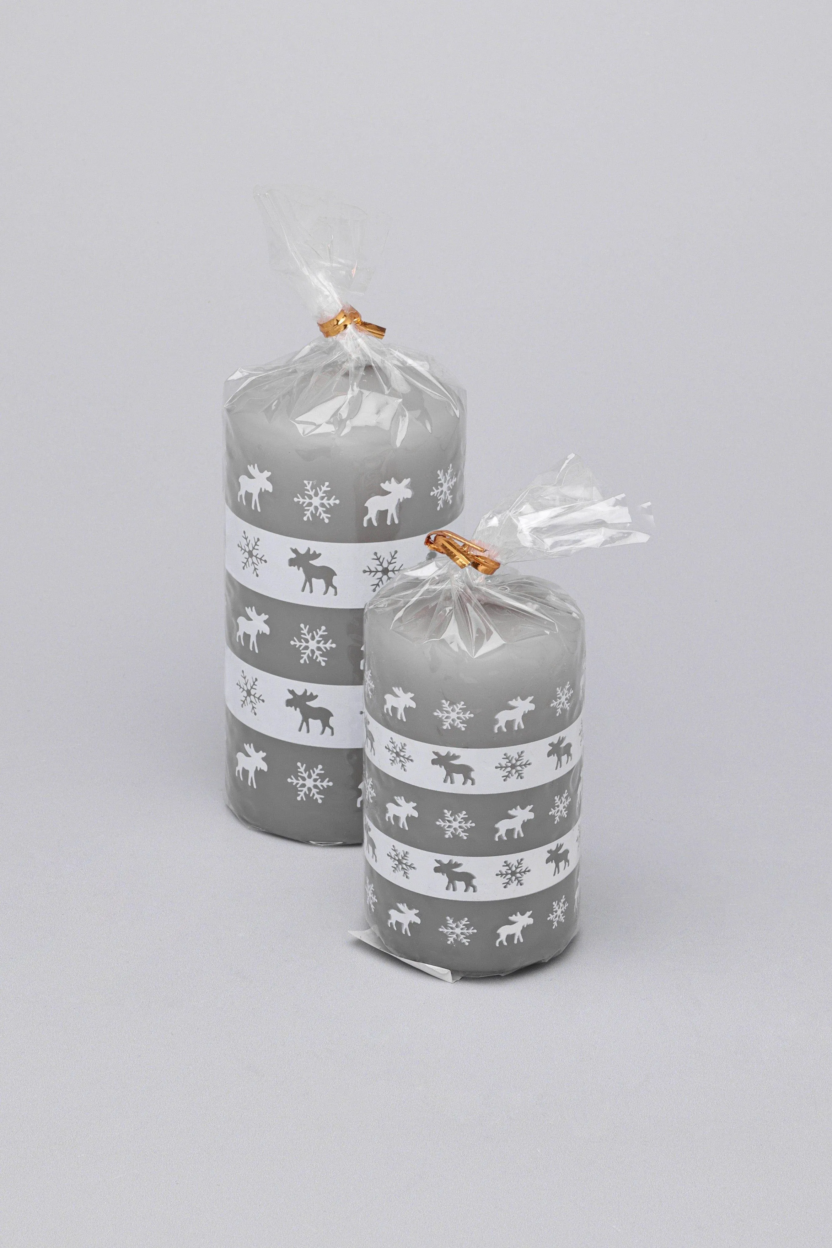 Elk Snowflake Grey White Christmas Pillar Candle