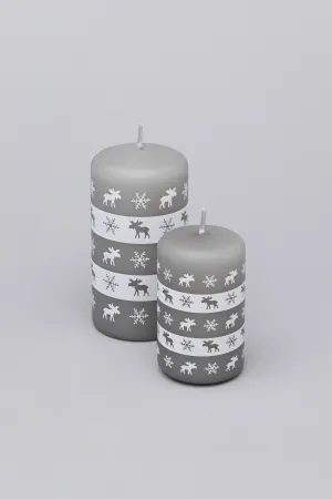 Elk Snowflake Grey White Christmas Pillar Candle