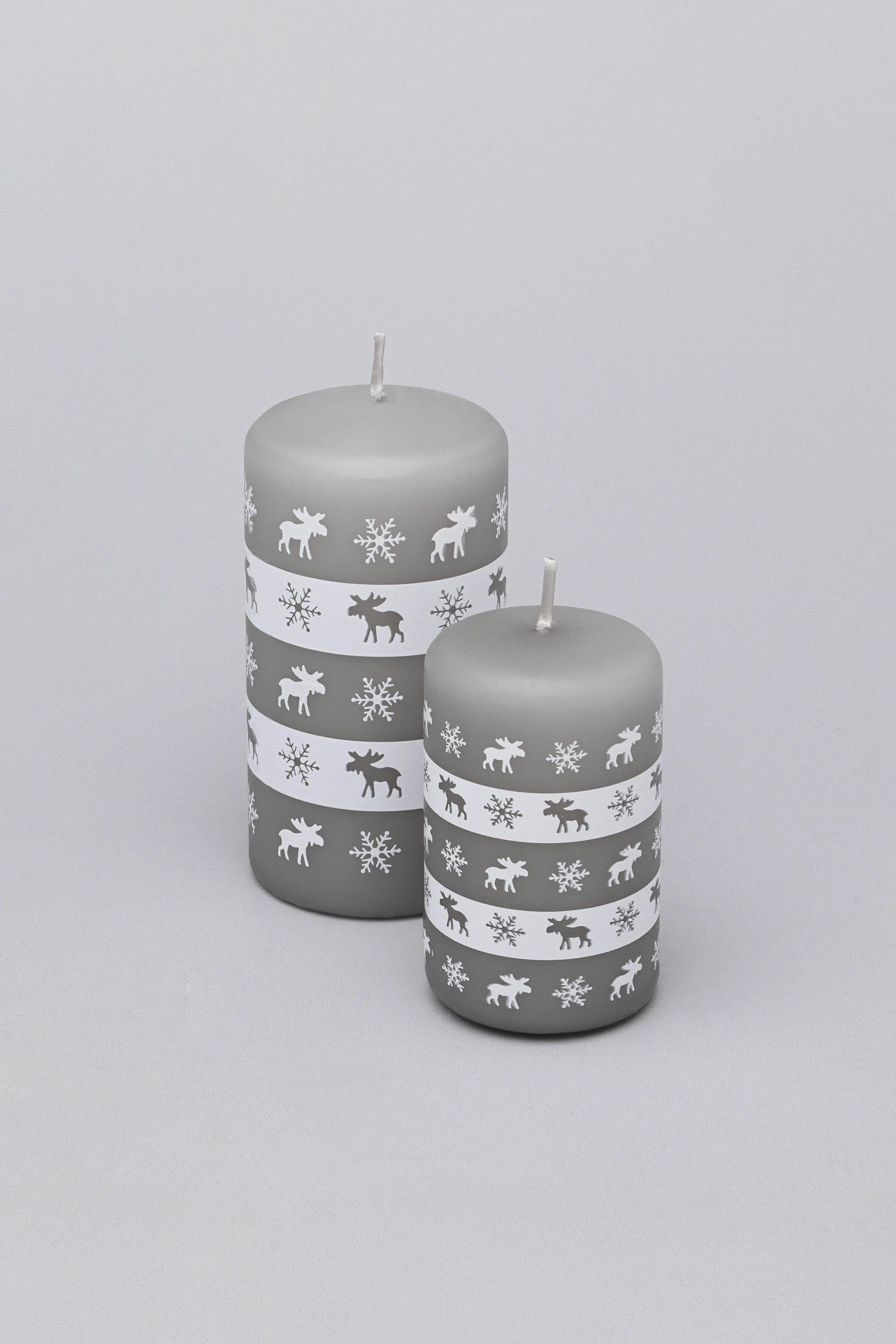 Elk Snowflake Grey White Christmas Pillar Candle