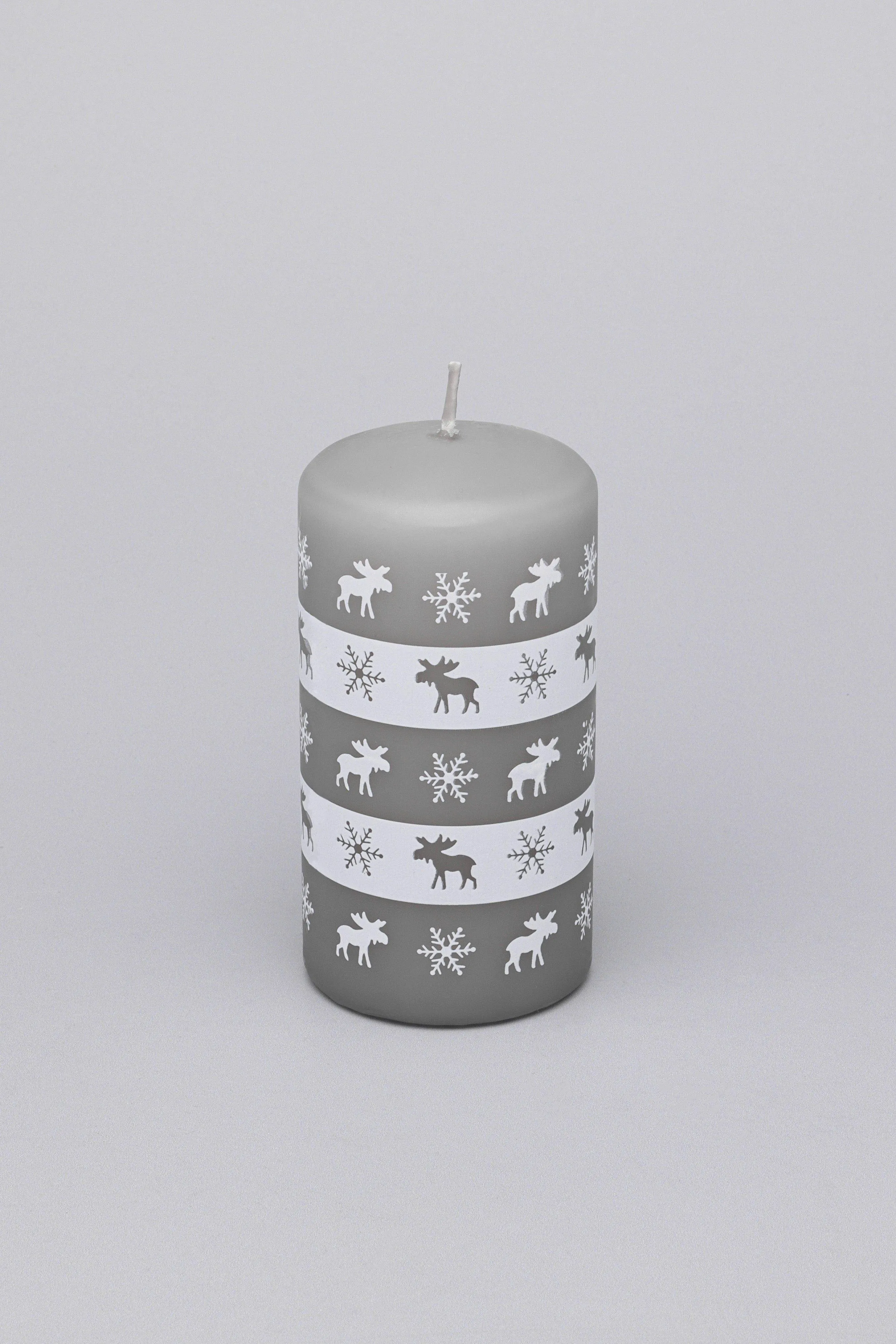 Elk Snowflake Grey White Christmas Pillar Candle