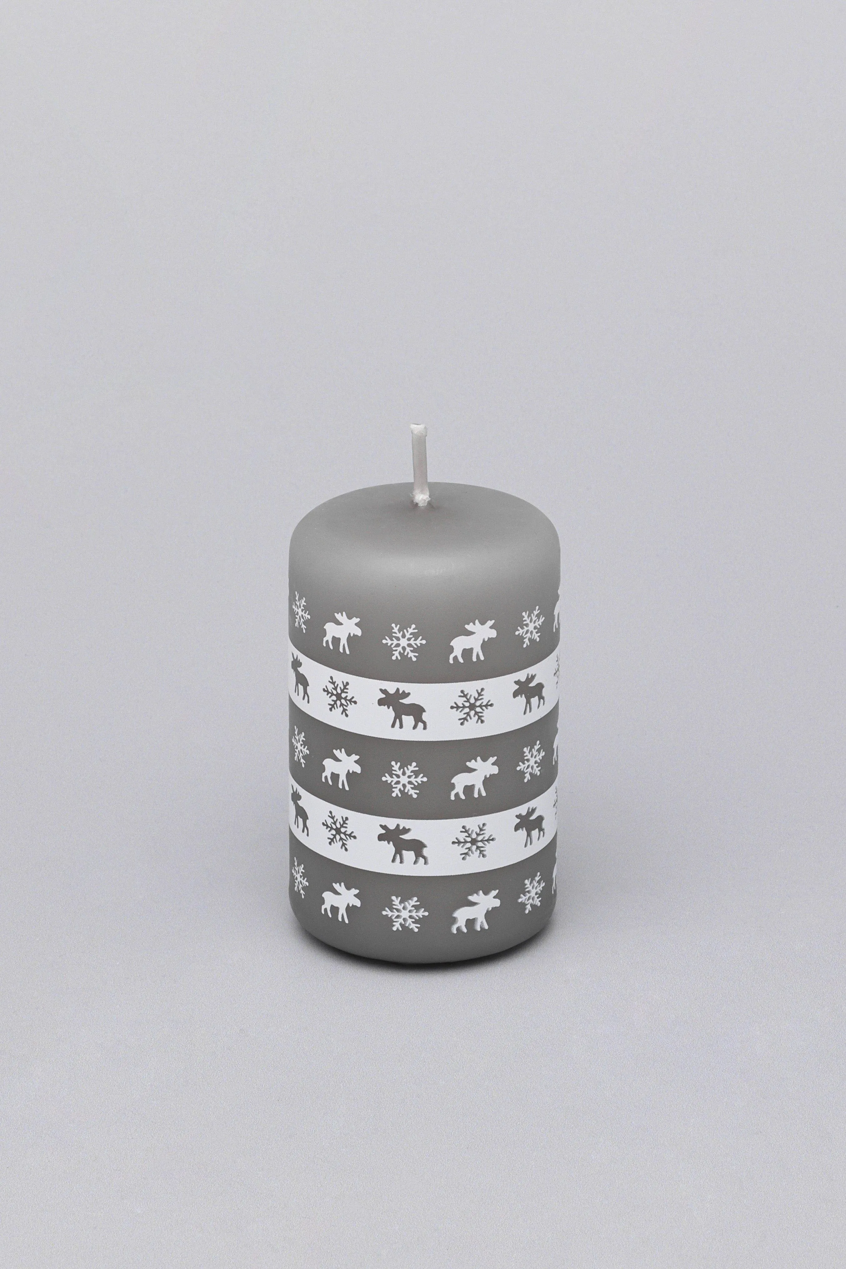 Elk Snowflake Grey White Christmas Pillar Candle