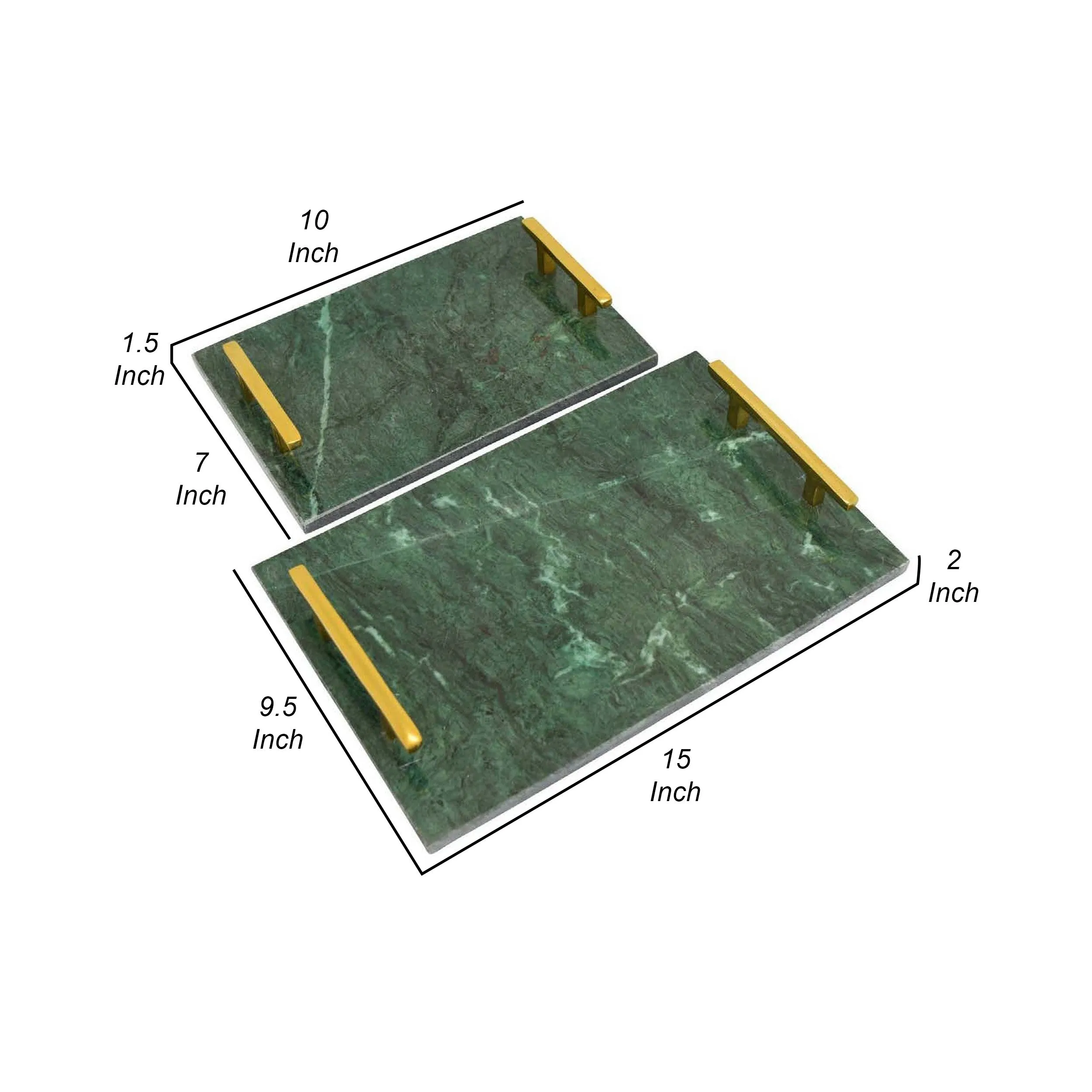 Entro Tray Set of 2, Rectangular Shape, 2 Gold Handles, Green Finish Marble By Casagear Home